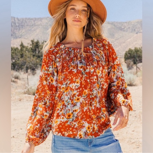 Bohemian Off the Shoulder Rust Orange Floral Top | Lightweight & Stylish - Picture 2 of 6